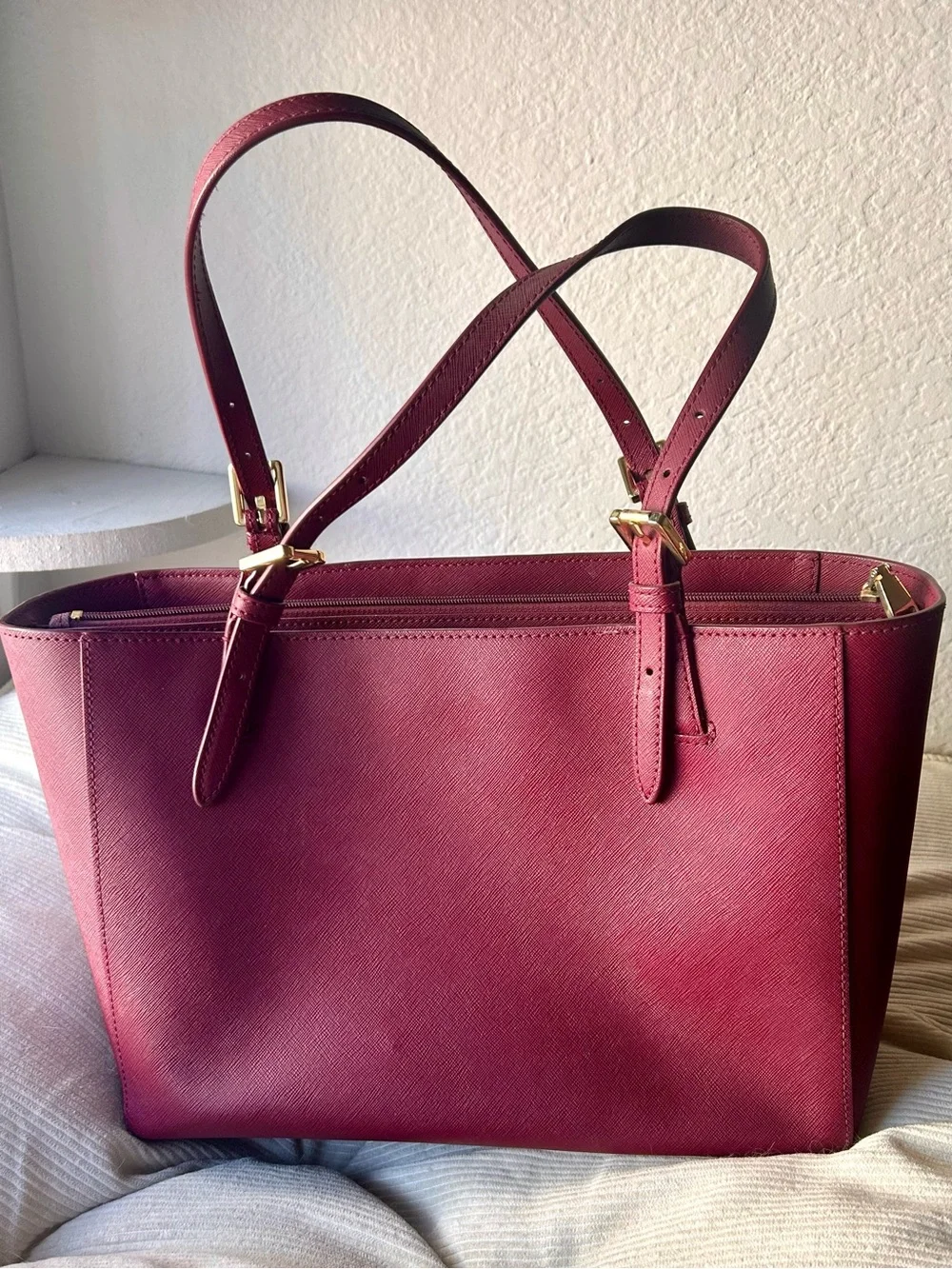 Tory Burch Saffiano Leather Tote Bag Burgundy with Gold Hardware